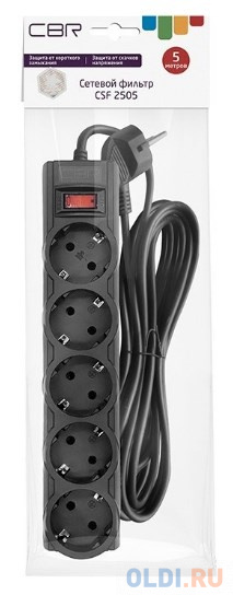 CBR Сетевой фильтр CSF 2505-5.0 Black PC, 5 евророзеток, длина кабеля 5 метров, цвет чёрный (пакет) фото