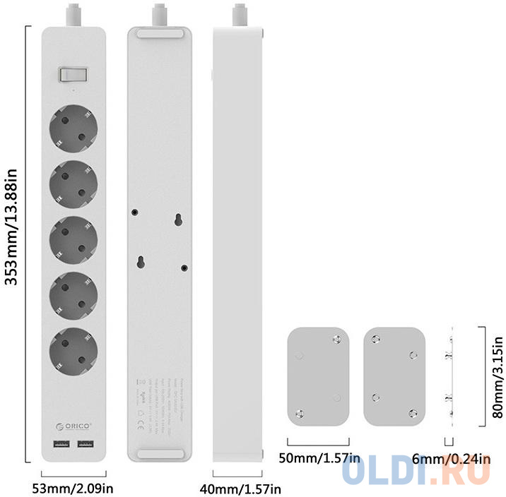 Сетевой фильтр Orico GPC-5A2U 5 розеток 2xUSB 1.5 м, цвет белый, размер 352.5 x 53 x 40 мм - фото 2