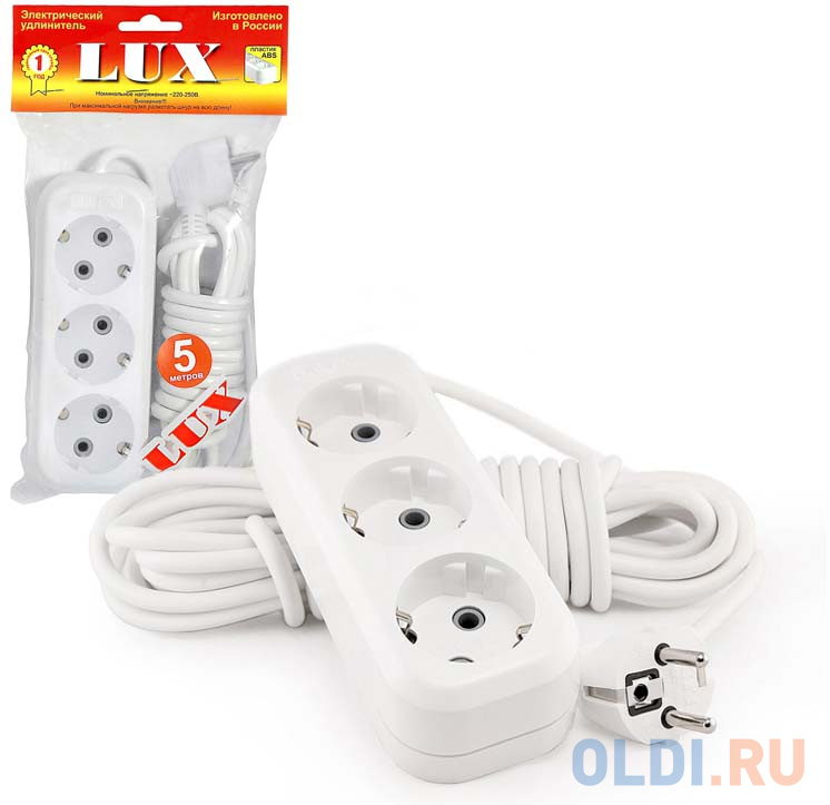 

Колодка (розетка удлинителя) LUX У3-Е 3-местная с заземлением, 220В 10А