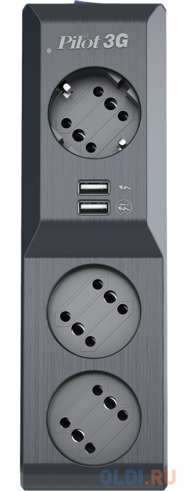 Surge protector Pilot 3G 3xGP euro outlets, 10А/2.2кВа, 2xUSB, 5m, grafit Pilot 3G 5M - фото 2