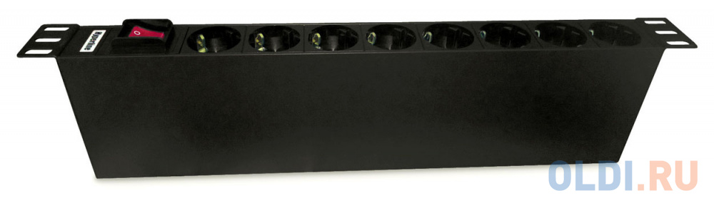 Блок розеток Hyperline SHT19-8SH-S-IEC для 19" шкафов, горизонтальный, 8 универсальных розеток, 10A, выключатель,IEC320 C14 10A - фото 1