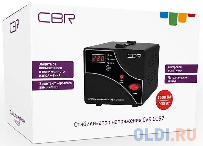 CBR Стабилизатор напряжения CVR 0157, 1500 ВА/900 Вт, диапазон вход. напряж. 140–260 В, точность стабилизации 8%, LED-индикация, вольтметр, 2 евророзе фото