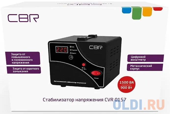 CBR Стабилизатор напряжения CVR 0157, 1500 ВА/900 Вт, диапазон вход. напряж. 140–260 В, точность стабилизации 8%, LED-индикация, вольтметр, 2 евророзе фото