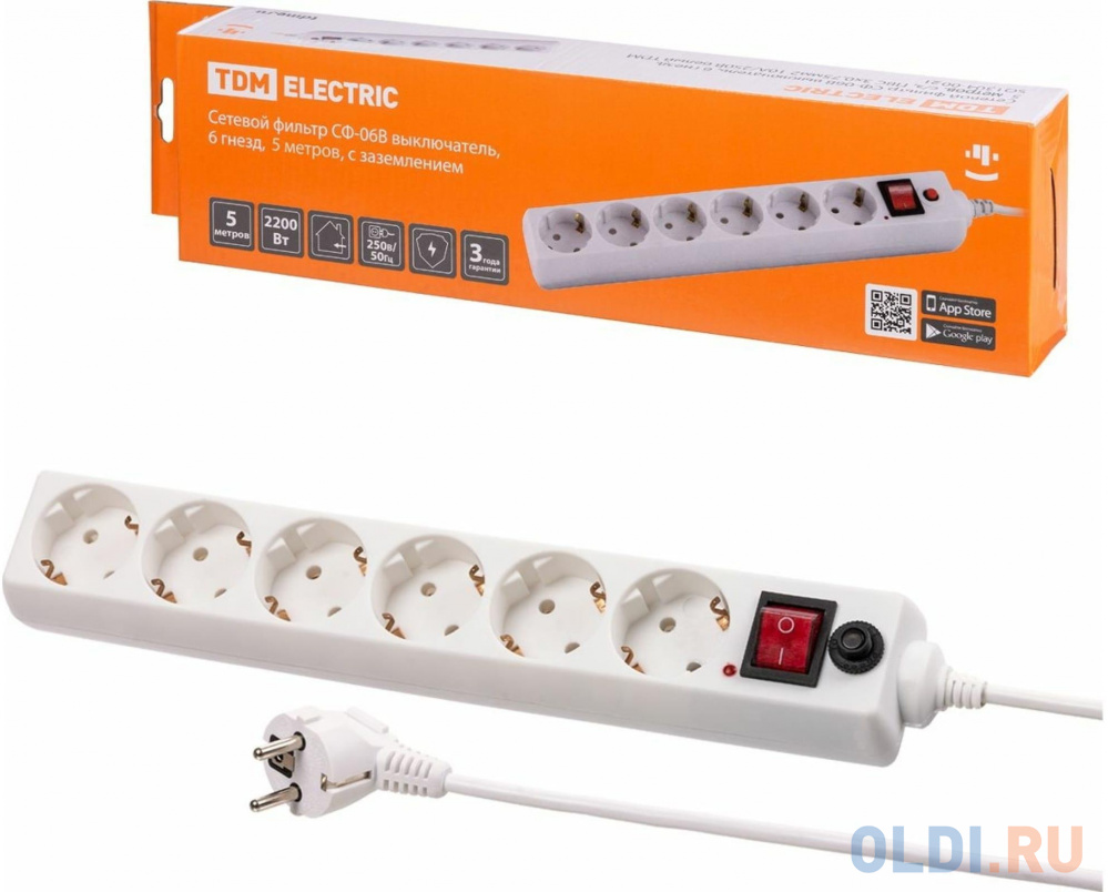 TDM SQ1304-0021 Сетевой фильтр СФ-06В выключатель, 6 гнезд, 5 метров, с/з, ПВС 3х0,75мм2 10А/250В белый - фото 2