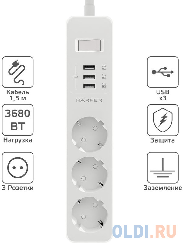 

Harper Сетевой фильтр с USB зарядкой UCH-315 White (3 роз.,1,5м., 3xUSB., (3680W)16А) {H00002825}