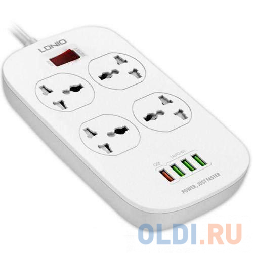 Perfeo LD_B4435  LDNIO SC4407Q/ Сетевой фильтр 2м/ 4  розетки EU_UK_US/ 2500W/ 4 USB+QC 3.0/  Выкл. на розетки/ White