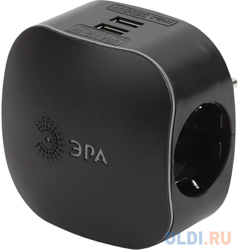 ЭРА Б0046364 Разветвитель электрический SP-3e-USB-BLACK на 3 розетки + 2 USB с заземлением со шторками 16А черный, размер 90x90x100 мм - фото 3