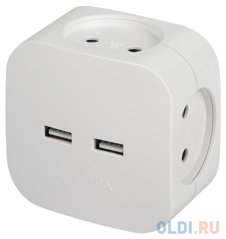 ЭРА Б0049532 Разветвитель электрический SP-4-USB-W на 4 розетки 220V + 2xUSB 2400mA, без заземл 10А (белый)