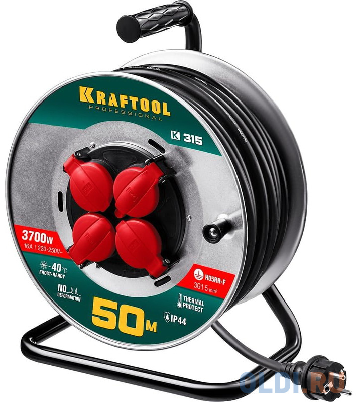 KRAFTOOL K-315, КГ, 3 x 1.5 мм2, 50 м, 3700 Вт, IP44, силовой удлинитель на стальной катушке (55085-50)