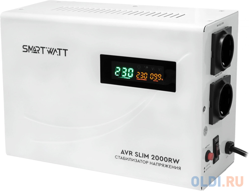 Настенный стабилизатор напряжения SMARTWATT AVR SLIM 2000RW (100W - 260W, 2000VA, 2 кВт, 50 Гц, розеток - 2, LED-дисплей