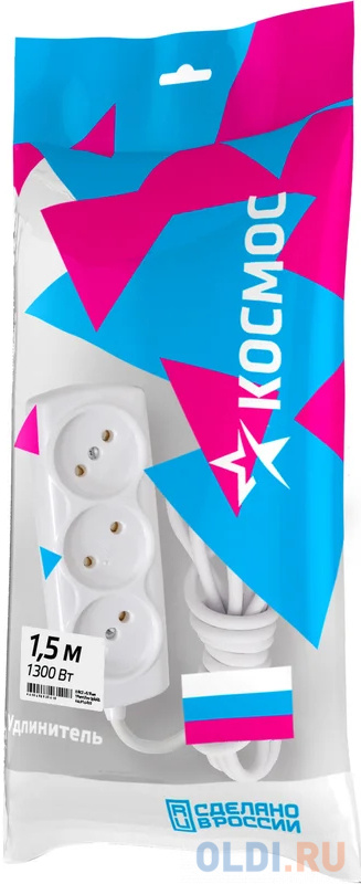 

КОСМОС Удлинитель 6А 3 гн ПВС 2*0,75 1,5м Р16-010 Россия YKsm1.5m-3g 6A S