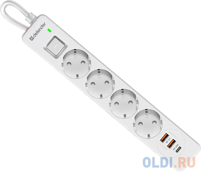 Defender Удлинитель с сетевым фильтром DFS 141, белый, 4розетки, USB+TypeC, 1.5 м. - 99433