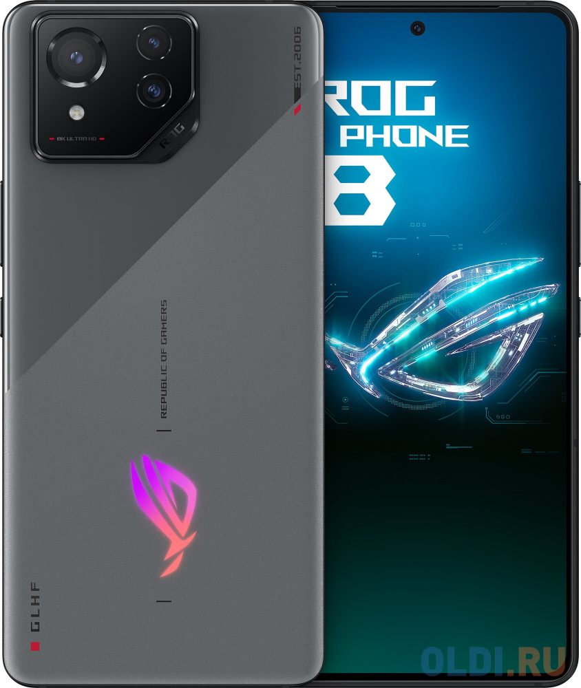 

Смартфон Asus AI2401_A ROG Phone 8 256Gb 12Gb серый моноблок 3G 4G 2Sim 6.78" 1080x2400 Android 14 50Mpix 802.11 a/b/g/n/ac/ax/be NFC GPS GSM900/