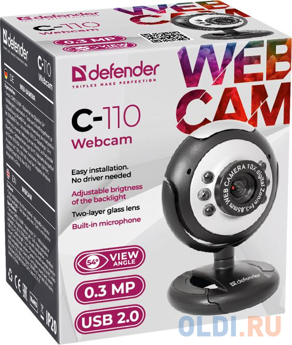 Камера интернет Defender C-110 0.3 Мп, подсветка, кнопка фото фото