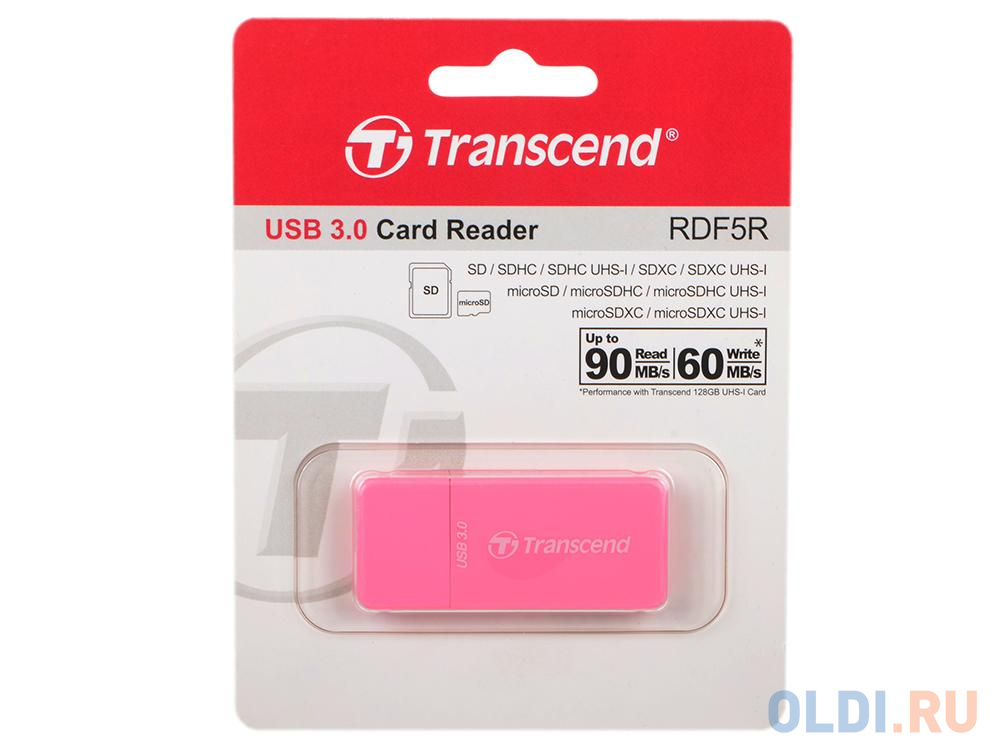 Картридер Transcend RDF5 USB 3.0 для карт памяти SD/microSD с поддержкой UHS-I розовый TS-RDF5R от OLDI
