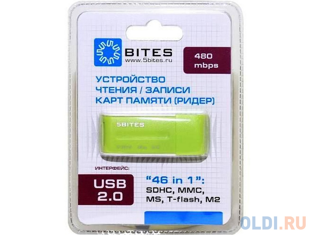 Картридер внешний 5bites RE2-102GR USB2.0 ext all-in-1 зеленый от OLDI