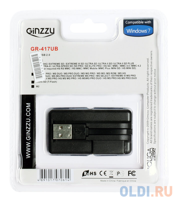 Картридер <AII in 1 USB 2.0 Ginzzu GR-417UB + HUB 3 port, Black - фото 2