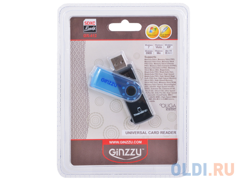 

Картридер <AII in 1 USB 2.0 Ginzzu GR-412B, Black-Blue