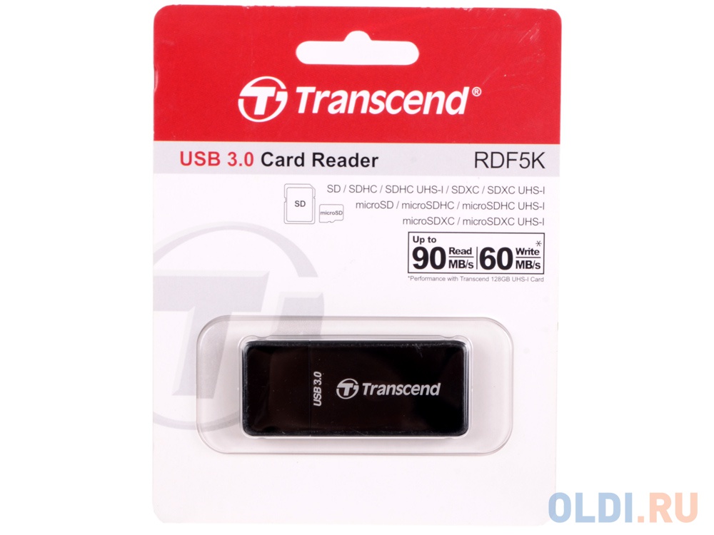 Картридер внешний Transcend TS-RDF5K USB3.0 SDXC/SDHC/SD/microSDXC/microSDHC/microSD черный концентратор usb type c transcend hub5c 4 х usb 3 0 sd sdhc microsd 2 х usb type c
