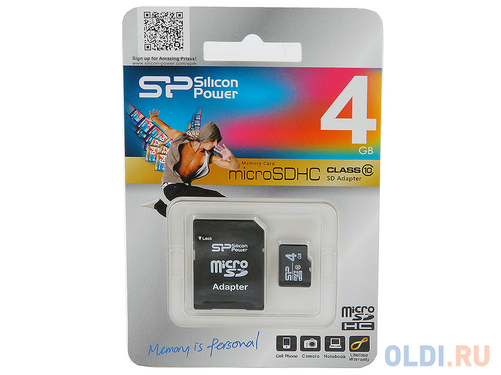 Карта памяти Micro SDHC 4Gb Class 10 Silicon Power SP004GBSTH010V10-SP + адаптер SD