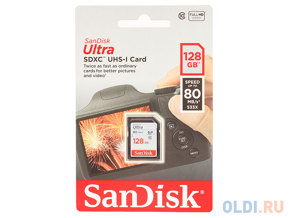 Карта памяти SDXC 128Gb SanDisk Class10 Ultra UHS-I 80MB/s (SDSDUNC-128G-GN6IN) карта памяти micro sdxc 128gb uhs 3 sdsqqvr 128g gn6ia sandisk