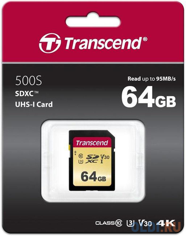 Карта памяти SecureDigital 64Gb Transcend TS64GSDC500S {SDXC Class 10, UHS-I U3, MLC} карта памяти compact flash 32gb transcend 133x