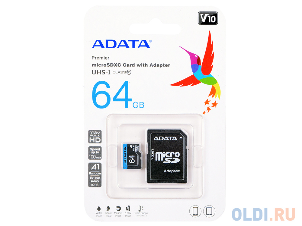 Карта памяти 64GB Adata Premier MicroSDXC UHS-I A1 Class 10 100/25 MB/s с адаптером