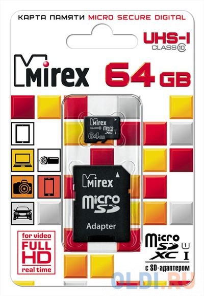 Флеш карта microSD 64GB Mirex microSDXC Class 10 UHS-I (SD адаптер) 13613-AD10SD64 карта памяти 32gb mirex 13613 adsuhs32 microsdhc class 10 uhs i sd адаптер