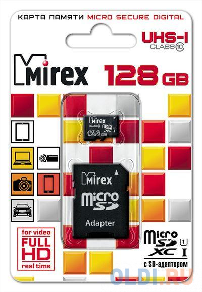 Флеш карта microSD 128GB Mirex microSDXC Class 10 UHS-I (SD адаптер) 13613-AD10S128 карта памяти 32gb mirex 13613 adsuhs32 microsdhc class 10 uhs i sd адаптер