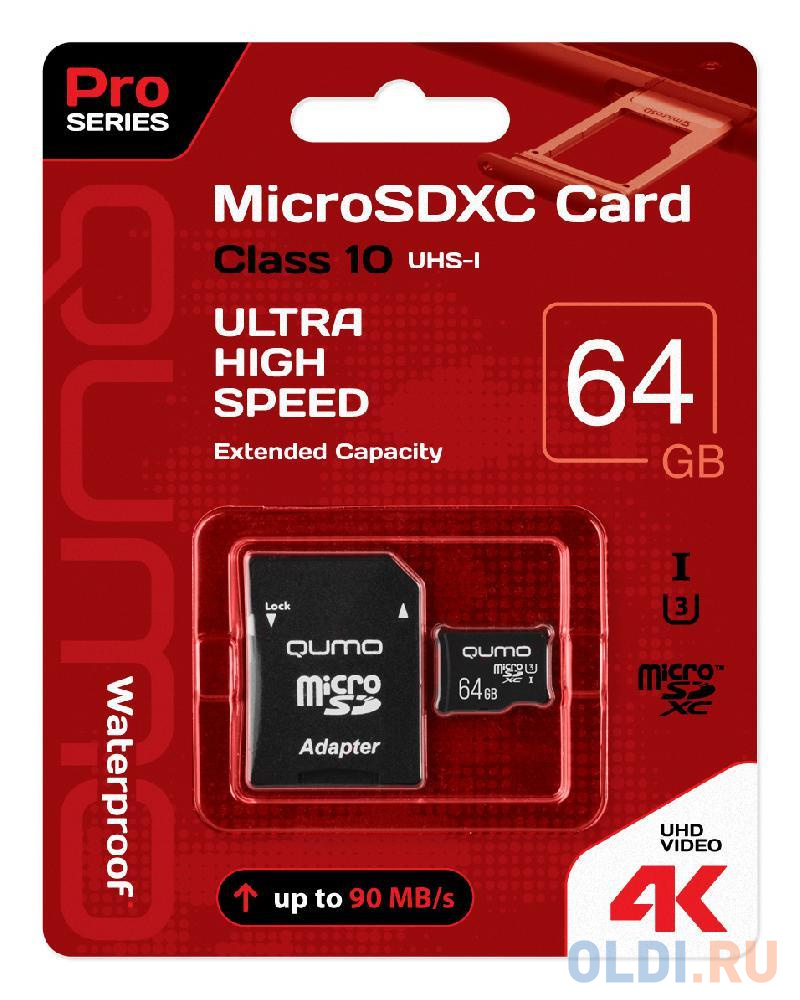 Micro SecureDigital 64Gb QUMO QM64GMICSDXC10U3 {MicroSDXC Class 10 UHS-I, SD adapter}