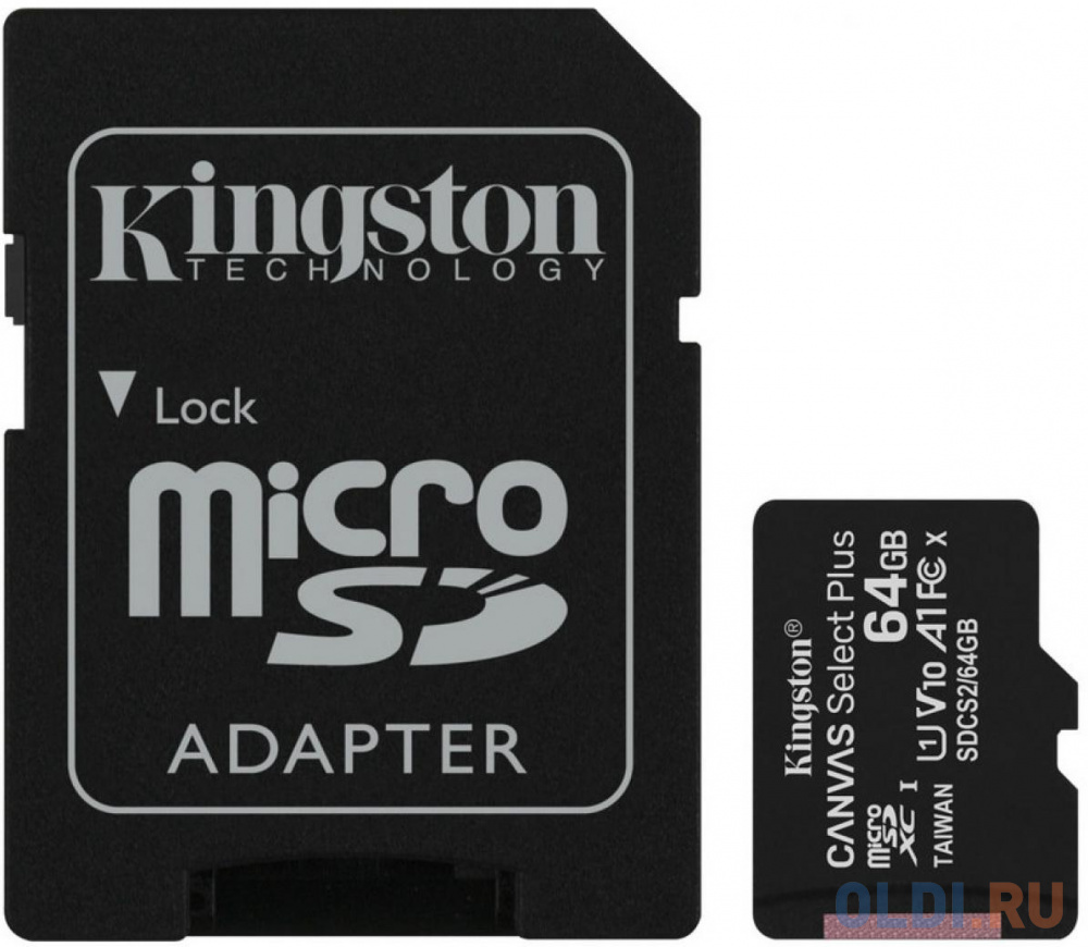 Карта памяти microSDXC 64GB Kingston Class10 UHS-I Canvas Select up to 100MB/s с адапт (SDCS2/64GB-3P1A)