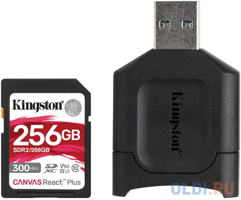 

Карта памяти SDXC Kingston Canvas React Plus, 256 Гб, UHS-II Class U3 V90, с USB-ридером