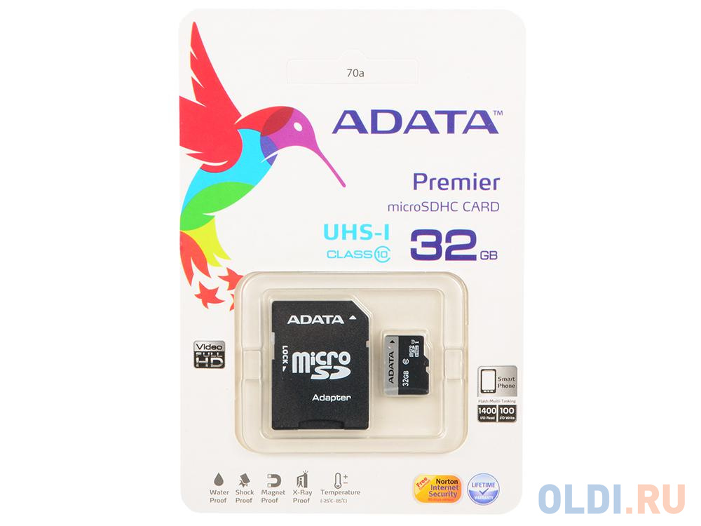 Карта памяти Micro SDHC 32Gb Class 10 A-Data UHS-I AUSDH32GUICL10-RA1 + адаптер SD