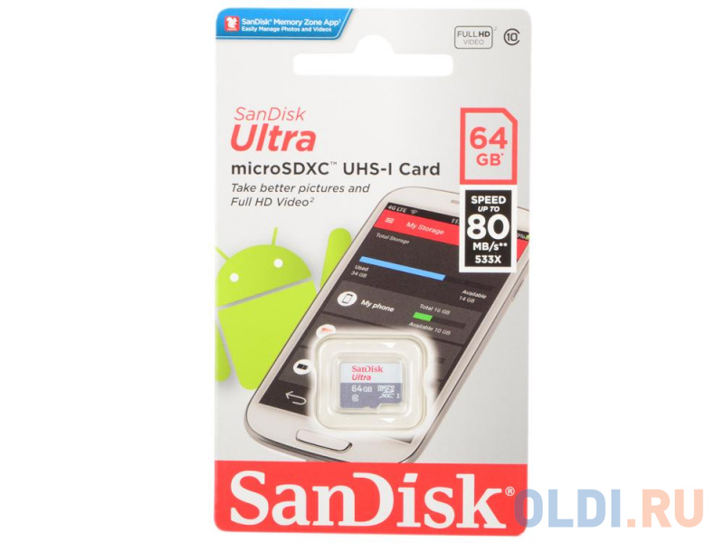 

Карта памяти Micro SDXC 64Gb Class 10 Sandisk SDSQUNS-064G-GN3MN