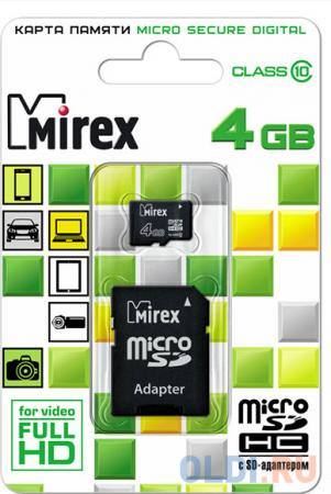 Карта памяти Micro SDHC 4GB Class 10 Mirex 13613-AD10SD04 + адаптер SD флеш карта sd 32gb mirex sdhc class 10