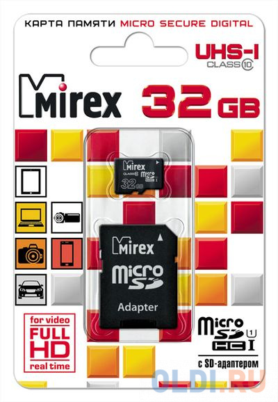 

Флеш карта microSD 32GB Mirex microSDHC Class 10 UHS-I (SD адаптер) 13613-ADSUHS32