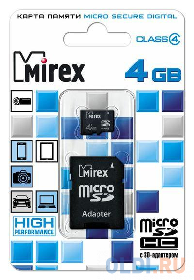 Флеш карта microSD 4GB Mirex microSDHC Class 4 (SD адаптер) флеш карта microsd 64gb sandisk microsdxc class 10 uhs i a1 c10 v30 u3 extreme 170mb s