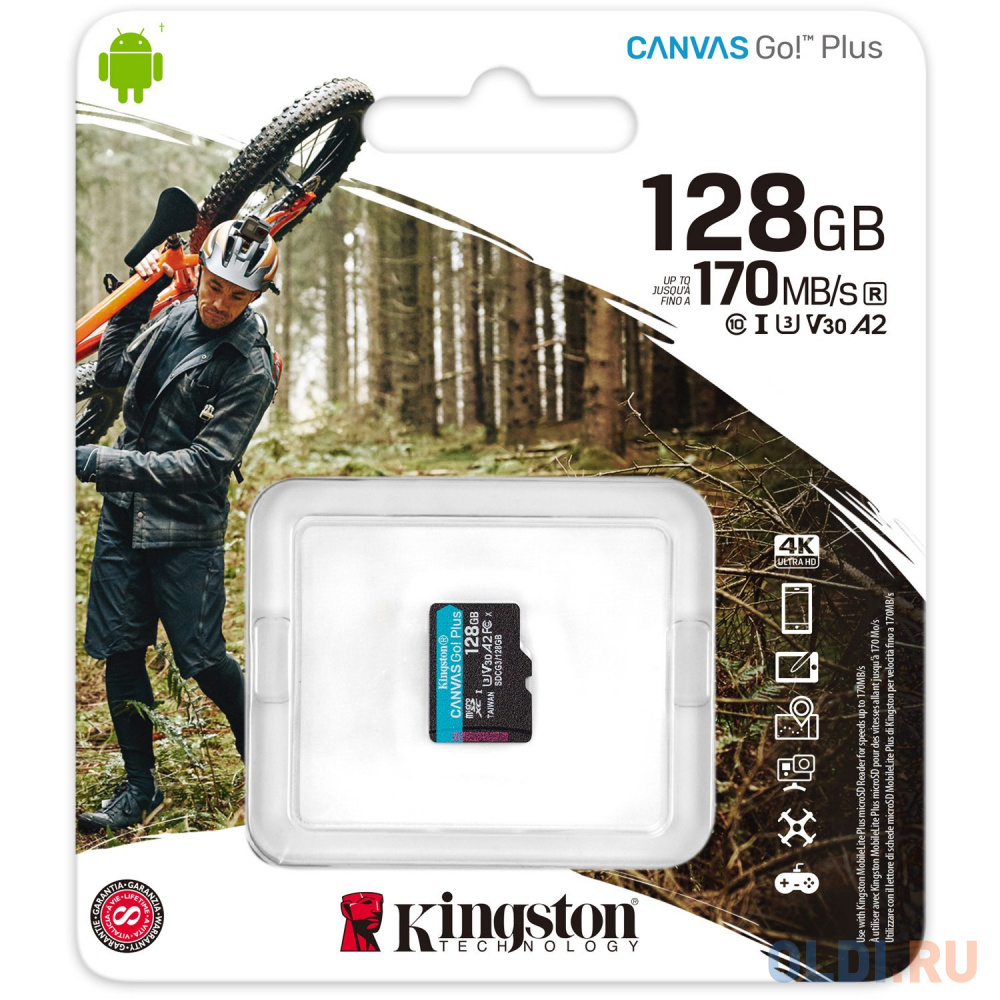 Флеш карта microSDXC 128Gb  Kingston, UHS-II Class U3 V30 A2, чтение: 170Мб/с, запись: 90Мб/с, без адаптера <SDCG3/128GBSP> фото