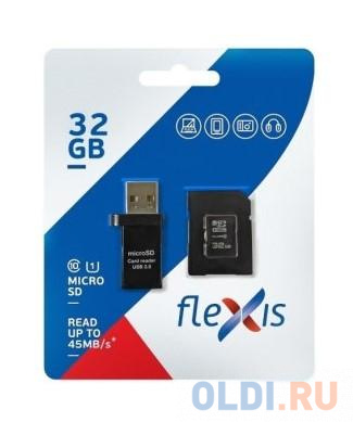 

Карта памяти microSDHC 32GB Cl10 U1, c адаптером и USB картридером, Flexis