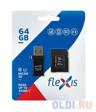 Карта памяти microSDXC 64GB Cl10 U1, c адаптером и USB картридером, Flexis