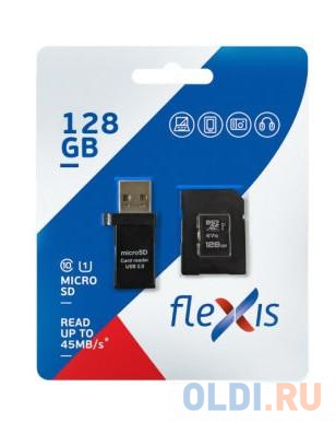 Карта памяти microSDXC 128GB Cl10 U1, c адаптером и USB картридером, Flexis карта памяти microsdxc 128gb cl10 u1 c адаптером и usb картридером flexis