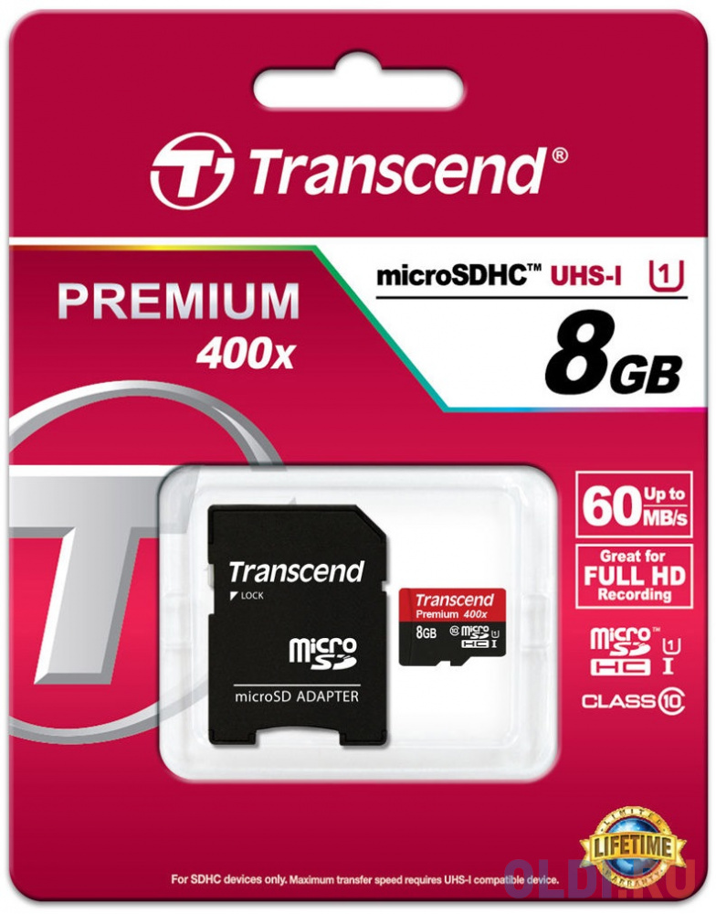 Карта памяти MicroSDHC 8GB Transcend Class10 UHS-I (TS8GUSDU1)