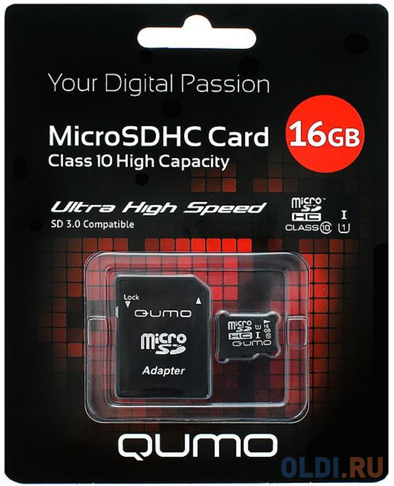 

Карта памяти Micro SDHC 16Gb class 10 UHS-I QUMO QM16GMICSDHC10U1 + SD adapter