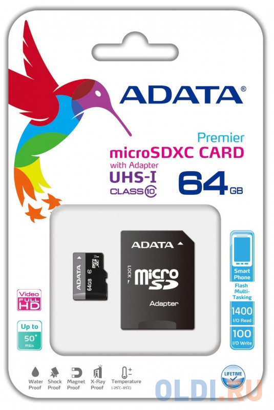 Карта памяти Micro SDXC 64Gb Class 10 A-Data AUSDX64GUICL10-RA1 + адаптер SD