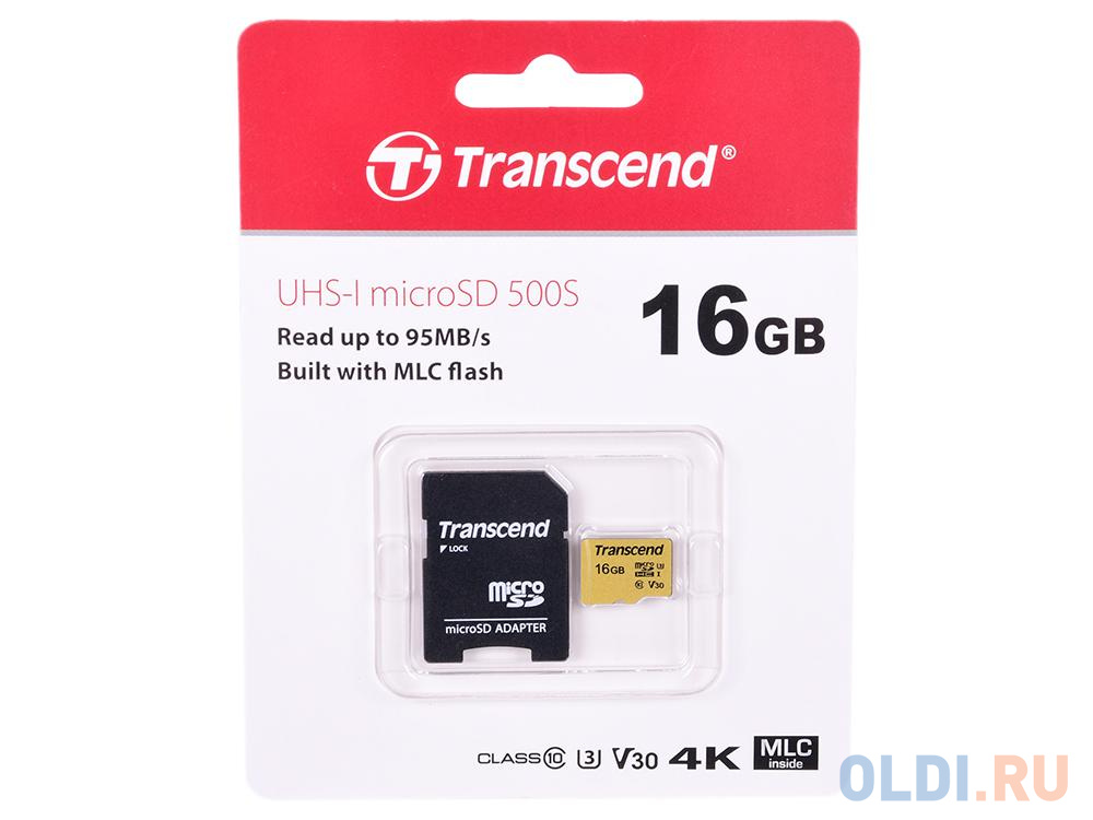   MicroSDHC 16GB Transcend UHS-I U3 microSD with Adapter, MLC (TS16GUSD500S)