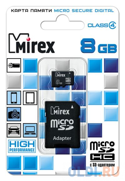 Флеш карта microSD 8GB Mirex microSDHC Class 4 (SD адаптер) адаптер usb digma d bt300 bluetooth 3 0 edr class 2 10м