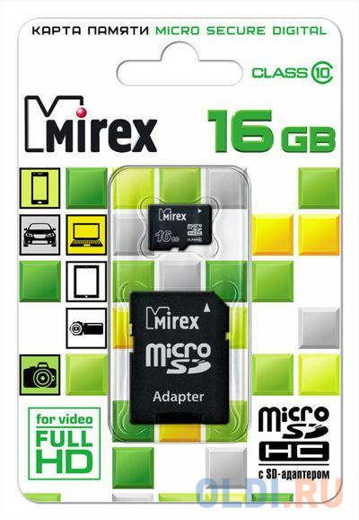 Флеш карта microSD 16GB Mirex microSDHC Class 10 (SD адаптер) флеш карта microsd 64gb silicon power elite microsdhc class 10 uhs i sd адаптер colorful
