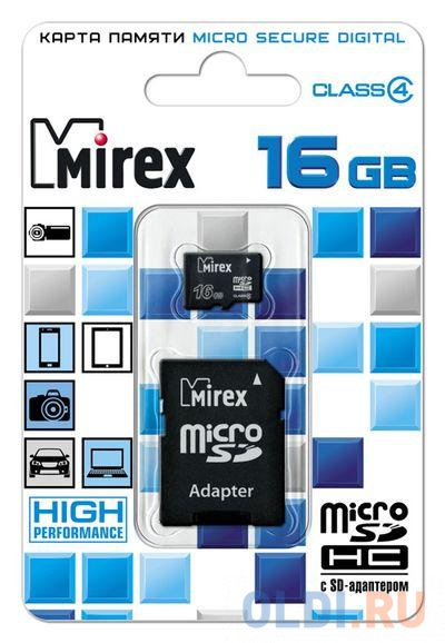 Флеш карта microSD 16GB Mirex microSDHC Class 4 (SD адаптер) флеш карта microsd 64gb sandisk microsdxc class 10 uhs i a1 c10 v30 u3 extreme 170mb s