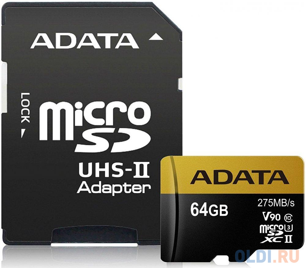 Флеш карта microSD 64GB A-DATA Premier ONE microSDXC Class 10 UHS-II U3 V90 275MB/s (SD адаптер) AUSDX64GUII3CL10-CA1 флеш карта microsd 128gb silicon power superior golden a1 microsdxc class 10 uhs i u3 a1 100 80 mb s sd адаптер