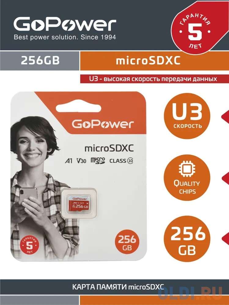 Карта памяти microSD GoPower 256GB Class10 UHS-I (U3) 100 МБ/сек V30 без адаптера